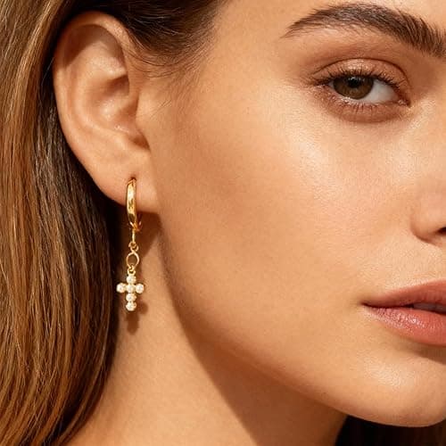 Pearl Cross Earrings for Women Dainty Gold Huggie Hoop Cross Drop Earrings Gold Statement Jewelry Accessories for Party Holiday Outfits Birthday Gifts Trendy Jewelry Gifts thumbnail 4