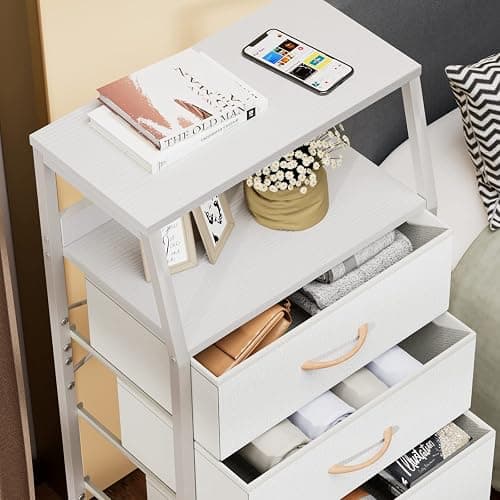 Furnulem White Dresser with 5 Drawers, Vertical Storage Tower Fabric Dresser for Bedroom, Hallway, Entryway, Nursery, Closet Organizer, Nightstand Bedside Table Furniture, Sturdy Steel Frame, Wood Top thumbnail 4