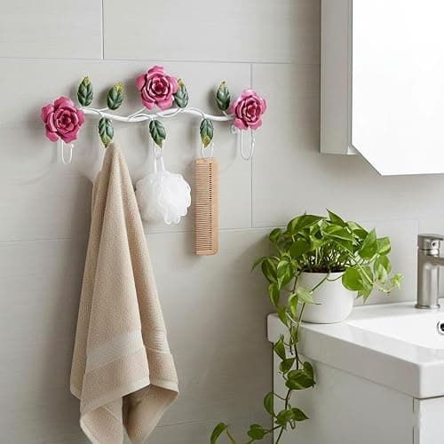 LOGOFUN Metal Wall Hooks Rose Flower Coat Hooks Rustic Style Hanging Hook for Bathroom Room Decorations (Rose) thumbnail 6