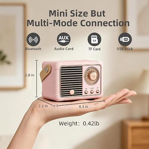 Baolira Retro Bluetooth Speaker, Portable Wireless Speaker with Crystal Clear Stereo Sound Rich Bass, Best Birthday Gifts Ideas for Women Teenage (Pink) thumbnail 4