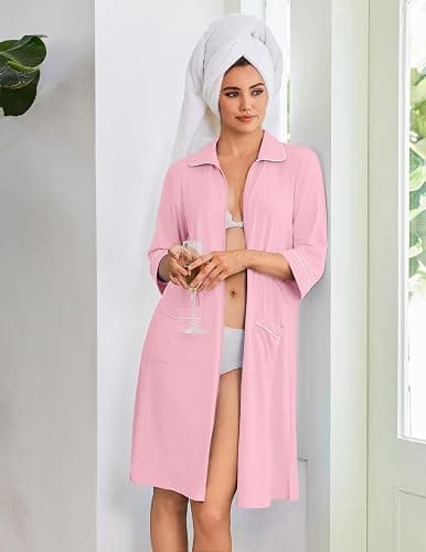 Ekouaer Zipper Robes for Women 3/4 Sleeve Housecoats with Pockets | House coats for women, Soft Lightweight Bathrobe, Turn Down Neck, Contrast Piping, Home, Daily Wear, Travel thumbnail 3