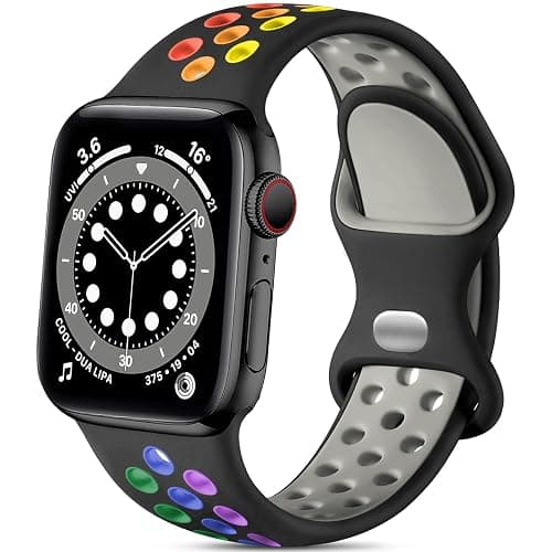 Lerobo Compatible for Apple Watch Band 45mm 44mm 11 10 46mm 42mm 49mm Ultra 3 2,Soft Silicone Sport Bands Wristband Replacement Strap for iWatch SE Series 9 8 7 6 5 4 3 2 1 Women Men,Black/Rainbow,M/L thumbnail 9