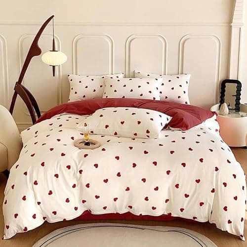 Freyamy Housse de Couette 220x240cm+2 Taie d'oreiller 65x65cm Coeur Imprimé Rouge Blanc Parure de lit 2 Personnes Adulte Motif du Cœur Sets de Housse Couette en Microfibre avec Fermeture Éclair - Image 1