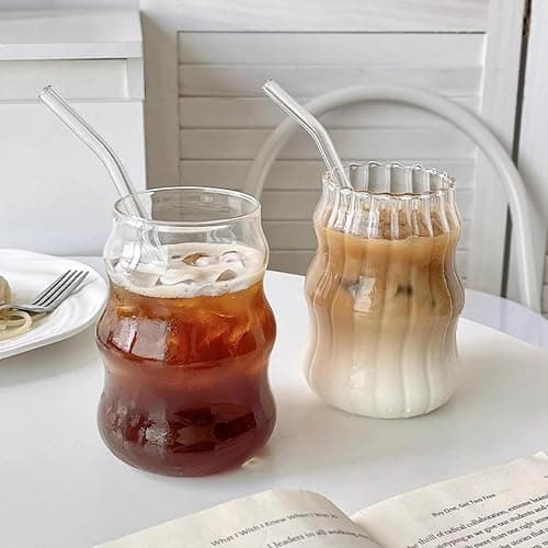 2 Pcs Ribbed Glass Cups, 18 Oz Vintage Drinking Glassware with Wave Shape Design, Bubble Cups for Iced Coffee, Juice, Beverage, Milk, Cocktails, Bubble Tea, and More thumbnail 5