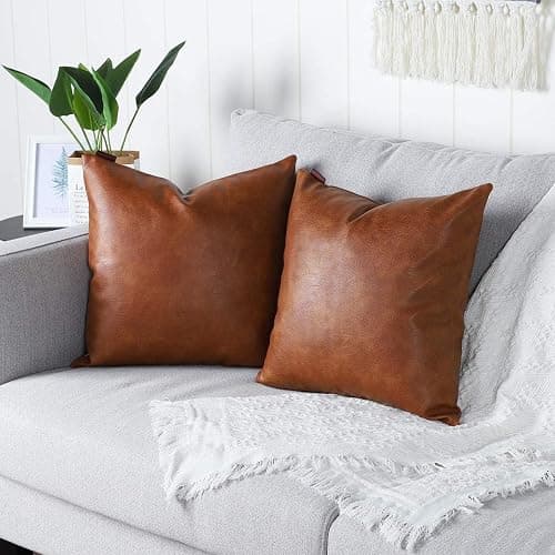 MANDIOO Set of 2 Faux Leather Decorative Throw Pillow Covers Modern Solid Outdoor Cushion Cases Luxury Pillowcases for Couch Sofa Bed 18x18 Inches Brown thumbnail 3