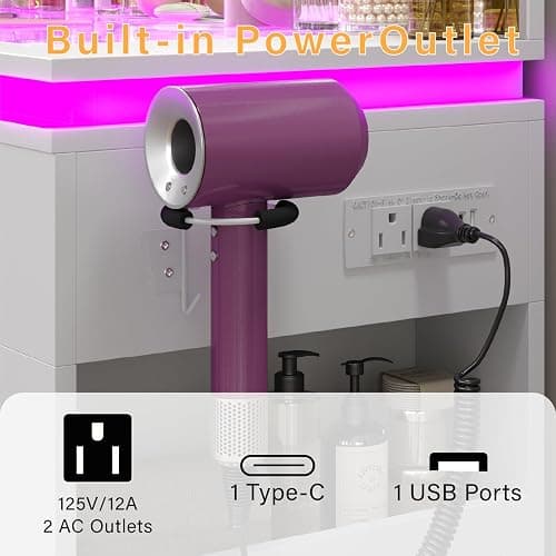 HuaYing White Vanity Desk with Illuminated Mirror & Power Outlet, Bedroom Dresser LED Mirror Stepless Dimmable & 3 Color Modes Adjustable RGB Drawers, for Women Girls Bedroom（Pure White thumbnail 8