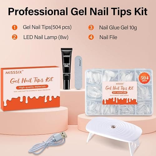 Misssix Short Almond Gel x Nail Tips Kit, 504Pcs Pre Etched Clear Fake Nails, Full Cover False Nail 9-in-1 Gel Glue and Portable Mini U V Nail Lamp for Women 12 Sizes thumbnail 6