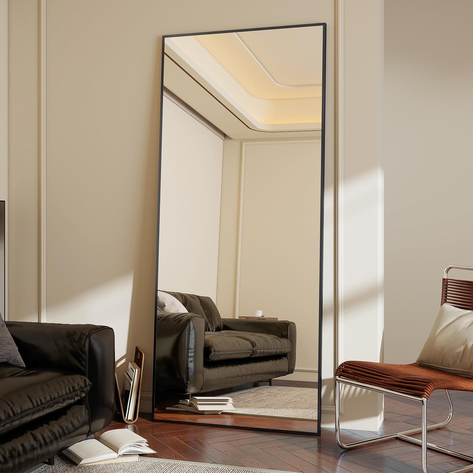 Koonmi 171 x 76 cm Standing Mirror, Robust Full Body Mirror with Minimalist Narrow Aluminium Frame, Modern Large Wall Mirror, Standing or Hanging for Living Room and Bedroom, Black thumbnail 8