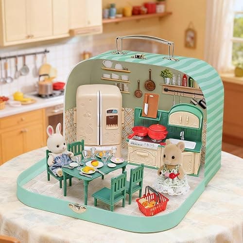 Dollhouse Kitchen Furniture Suitcase Set for Kids, 2 Flexible Dolls/Dining Tble/Kitchenware/Tableware/Refrigerator/Bread, Pretend Play Dollhouse Accessories Christmas Birthday Gift for Girls Ages 3+ thumbnail 2