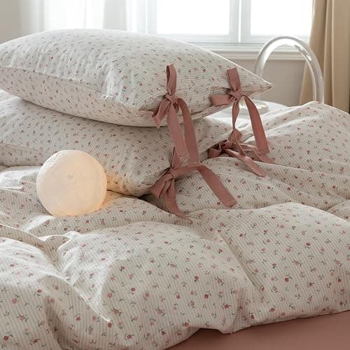 mixinni Boho Floral Comforter Sets Full Size Soft Fluffy Bed Set Green Leaves Dusty Rose Pattern on White Comforter Set, 3 Pieces Cute Floral Bedding Set with 2 Bow Tie Pillowcases for All Season - Full (80"x90") - C#bowknot-pink Flower thumbnail 4