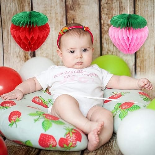 Skylety 10 Pieces 6 Inch Paper Strawberry Honeycomb Ball Tissue Paper Strawberry Ball for Birthday Party Decoration(Red and Pink) - Red and Pink thumbnail 2