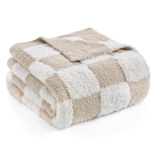 Snuggle Sac Checkered Throw Blanket Faux Fur Microfiber Blankets for Couch,Cozy Soft Warm Blanket for Sofa Bedroom Living Room,Beige Checker,50x60 inches thumbnail 7