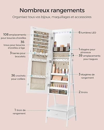 SONGMICS Armoire à Bijoux avec Miroir LED sur Pied, Armoire à Bijoux avec Miroir Pleine Longueur, Organisateur de Bijoux Gain de Place, Tiroir et Étagère, Blanc Nuage JJC025W01 thumbnail 4
