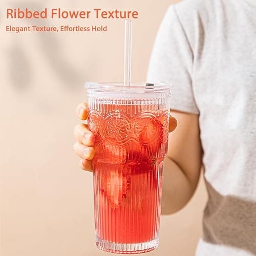SoulTimes 20oz Ribbed & Floral Glass Tumbler Set of 2 – Reusable Glass Cups with Lid and Glass Straw, Iced Coffee Cups for Water, Smoothie, Milk, Cocktail & More – Perfect for Daily Use & Travel thumbnail 6