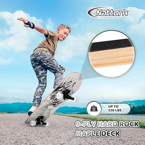 Nattork 31 Inch Complete Skateboard, Standard Skateboards for Beginners, Wood 9 Layer Canadian Maple Trick Skate Boards for Boys Girls Youth Teens Adults thumbnail 2