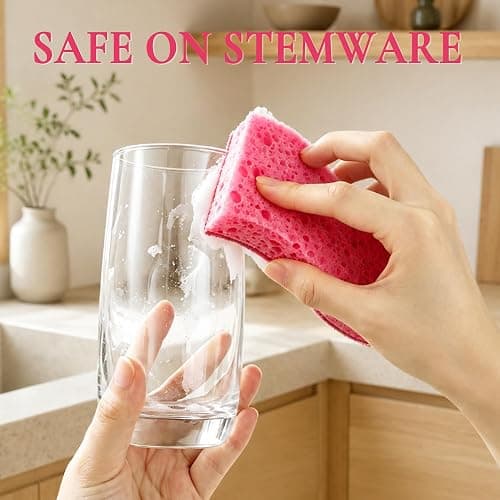 12 Pack Non-Scratch Kitchen Sponges, S-Shaped Pink Dish Sponges for Kitchen | Biodegradable Cellulose & Non-Scratch Scrubber, Household Gentle Cleaning Sponges for Pots Pans Stemware Porcelain Bathroom thumbnail 2
