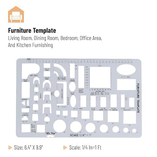 Mr. Pen- House Plan, 3 pcs, Interior Design and Furniture Templates | Clear Flexible Plastic, Drafting Tools, Ruler Shapes for Architecture, 1/4 Inch Scale, Kitchen, Bath, Bedroom, Office thumbnail 5