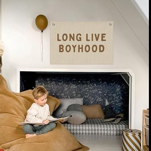 PLKMN Long Live Boyhood Banner, Boy Nursery Decor, Linen Banner Wall Hanging Banner Flag Decor for Nursery Playroom Toddler Room, Boys Kids Room Decor - Sand Beige & Taupe - 01 Long Live Boyhood - Brown Beige thumbnail 6