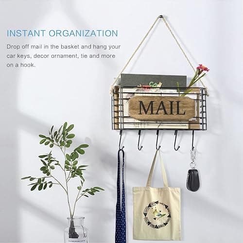SRIWATANA Mail Organizer Wall Mount, Rustic Mail Holder Key Holder for Wall with Hooks, Small Size, Carbonized Black thumbnail 5