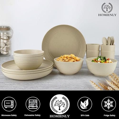 Homienly Wheat Straw Dinnerware Sets, 20pcs Lightweight Unbreakable Dinnerware, Microwave Dishwasher Safe Bowls Cups Forks Spoons set,Perfect for Camping Outdoor, Beige thumbnail 6