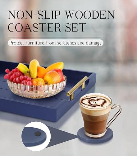 SXNOWS Coffee Table Tray - Large Ottoman Tray for Living Room - Wood Serving Tray with Handles(2 Sets) - Wooden Trays for Coffee Tables, 4 Round Coasters Included, Deep Blue thumbnail 6