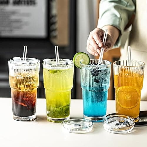 Snextek 20oz Glass Tumblers with Lids and Glass Straws, Thickened for Iced Coffee, Smoothies,Cocktails and Juices-Elegant Durable for Home, Office,Travel (Clear) thumbnail 5