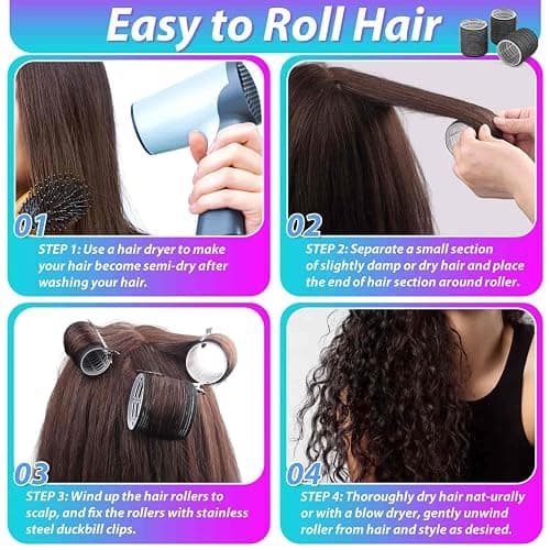 Hair Curlers Set with 24 Rollers (6 Jumbo, 6 Large, 6 Medium, 6 Small) and 24 Clips for All Hair Lengths (Black) thumbnail 6