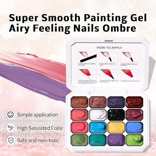 Ombre Gel Polish Palette,16Colors Pat Gel Paint Nail Art Kit Sponge Patting | More fun by patting gel: ombre, gradient, blush, blooming, stamping, painting, blending colors. 100sponges 1grabber. No-wipe thumbnail 3