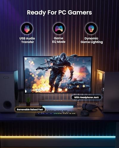 Sound Bar with Subwoofer, MEREDO Small PC Soundbar with USB/BT5.3/HD-ARC/Optical/AUX,  3.1 CH 5 EQ Modes Computer Speakers Sound bars with RGB Lighting, Soundbar for TV  PC Home Theater Desktop Gaming thumbnail 5
