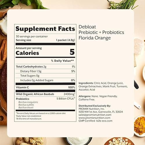 ProMix Nutrition Debloat Prebiotics and Probiotics with Baobab - Rich in Vitamin C, Bloating Relief, Immune Support - Orange - 30 Servings (Pack of 30) - Florida Orange - 0.17 Ounce (Pack of 30) thumbnail 3