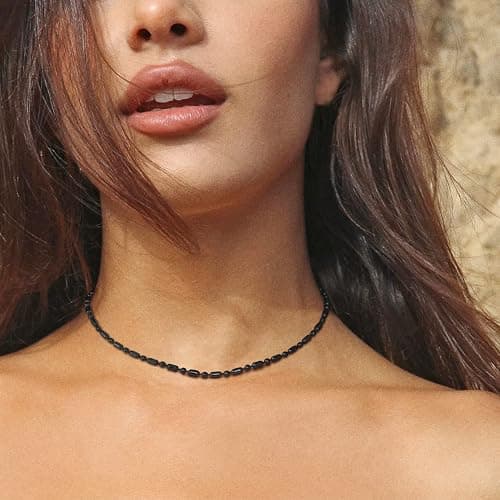 FOCALOOK Choker Necklace for Women Dainty 14K Gold Plated Double Layered Necklace Silver Black Metal Satellite Beaded Boho Choker Chain thumbnail 3