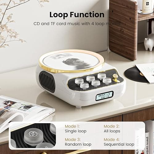 4 in 1 Retro Portable CD Player with Bluetooth Speakers,FM Radio,NightLight | CD Player With Dual Speakers Support TF Card/AUX for Home, Gift, LCD Display,4000mAh Battery,4 Loop Modes,Audio Transmission thumbnail 8