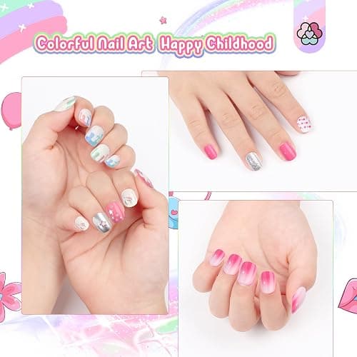 SAVILAND 168Pcs 7 Pack Press on Nails for Kids Children Fake Nails Stick on Nails Pre-glue Full Cover Glitter Gradient Color Star Short Acrylic Nail Tips Nail Art Christmas Easter Gifts for 8-12 Year thumbnail 7