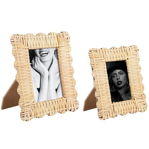 WHXE MNHEE 2 Pack Woven Rattan Picture Frame Set,4x6 & 5x7 Scalloped Picture Frame with Stand,Exquisite Handmade Wicker Picture Frame for Many Home Decor Style - Image 1
