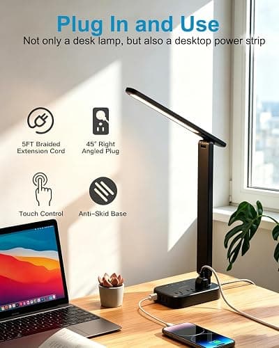 LED Desk Lamp Power Strip with 4 USB 3 Outlets, Dorm Room Essentials, Black | One Beat 4 Modes 5 Level Brightness Touch Lamp, Small Desk Lamp for Home Office College Dorm Essentials, Study Reading Light thumbnail 6