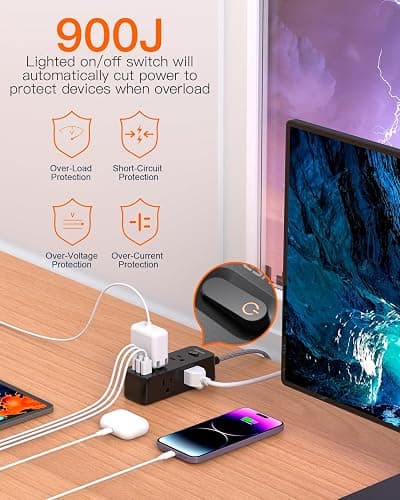 Black Power Strip Surge Protector, BESHON 5Ft Extension Cord, 6 Outlets with 3 USB Ports(1 USB C Outlet), 3-Side Outlet Extender, Wall Mount, Compact for Travel, Home, College Dorm Room, and Office thumbnail 5