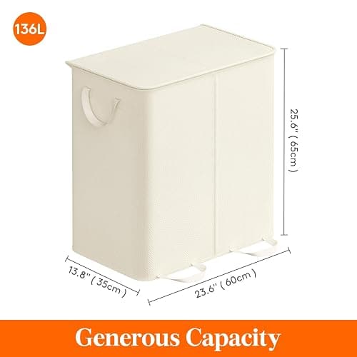 Lifewit Double Laundry Hamper with Lid and Removable Laundry Bags, Large Collapsible 2 Dividers Dirty Clothes Basket with Handles for Bedroom Laundry Room Closet Bathroom College, 136L Ivory White thumbnail 6