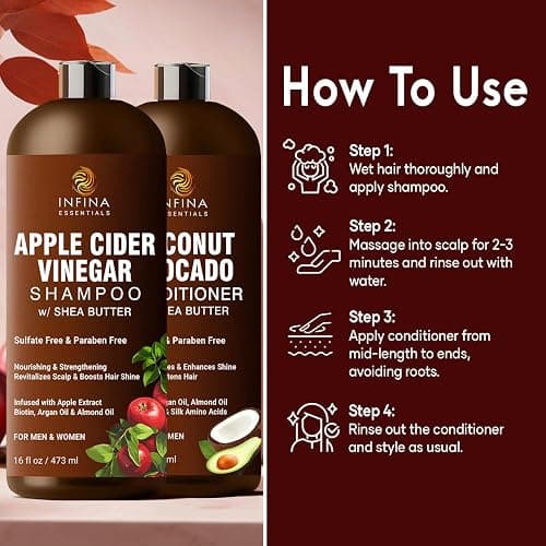 Apple Cider Vinegar Shampoo and Conditioner Set Sulfate Free for Men & Women - Itchy Scalp Shampoo w/Moisturizing Coconut Avocado Conditioner - Loc Shampoo and Conditioner for Dreads, 16 fl oz each thumbnail 4