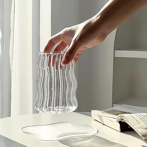 Pletmin 4 Pcs Ribbed Glass Cups, Vintage Drinking Glassware with Glass Straw 18 Oz Bubble Iced Coffee Cup for Juice, Tea, Beverage, Milk, Beer, Cocktails Ideal for Gift thumbnail 4