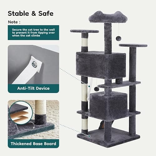 DUMOS 54-inch Indoor Cat Tree Tower –Multi-Level Pet House for Large Cats with 2 Condos, Scratching Posts, Round Platform, Small Ladder, and Toys – Perfect for Cats of All Ages, Dark Grey thumbnail 6