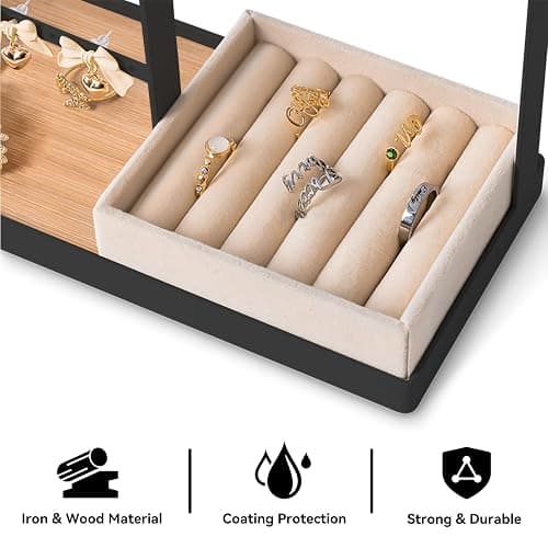 DreamGenius Jewelry Organizer Stand with Velvet Ring Holder, 4 Tier Jewelry Holder Organizer with 15 Hooks for Necklaces and 16 Holes for Earrings, Black thumbnail 6