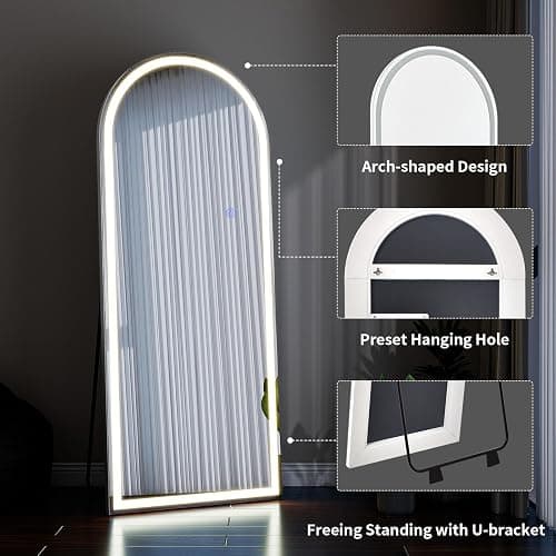 VooBang 56"x21" LED Mirror Full Length - Arched Floor Body Mirror with Dimmable Lights - 3 Color Modes, Standing Leaning Wall Mounted for Bedroom, Dressing Room thumbnail 8
