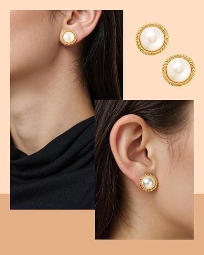 18K Gold Plated Pearl Earrings for Women, Cubic Zirconia Stone Simulated Set Diamond Earrings, Gift for Mom Daughter Sister, Anniversary Birthday Gift, Lightweight Hypoallergenic Jewelry thumbnail 6