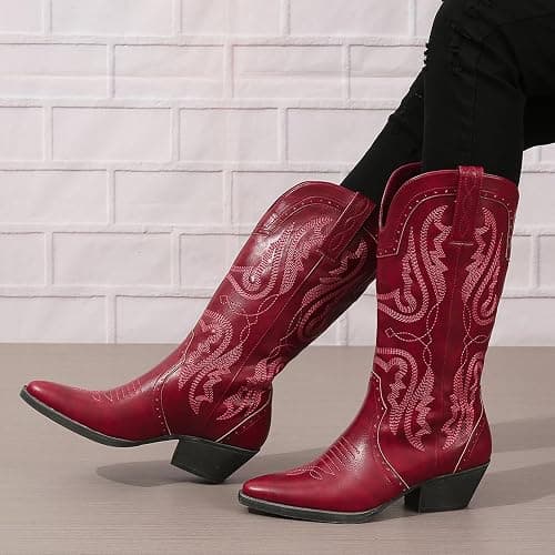 Cowboy Boots for Women Cowgirl Mid Calf Western Boots Embroidered Stitched Pointed Toe Chunky Block Heel Brown Red Black US5-11 thumbnail 2