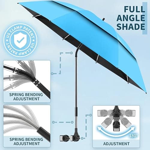 NBtoUS 48.6" Double Canopy Beach Umbrella with Clamp, UPF50+ Beach Chair Umbrella with clip, 360°Adjustable Portable Outdoor Wheelchair, Patio, Golf Carts,Camping(Sky/Blue) thumbnail 3