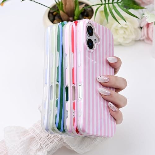 SleekCover Cute Striped Case for iPhone 16 6.1",Pink/Yellow | Non-fade Aesthetic Striped Pattern,Slim Fit,Lightweight,Kawaii Cute iPhone 16 Case for Women Girls,Soft TPU thumbnail 3