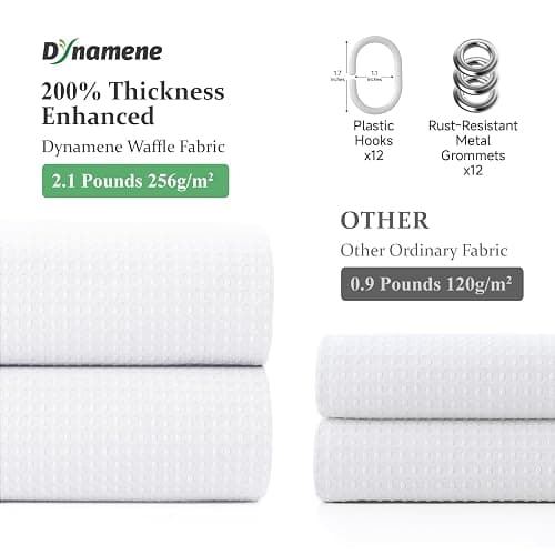 Dynamene Waffle Shower Curtain 256 GSM Heavy Duty Fabric 72"x72" White | Thick Textured Cloth, Weighted Hem, Water Repellent Washable, Hotel Luxury Polyester Shower Curtain Set for Bathroom 12 Hooks thumbnail 6