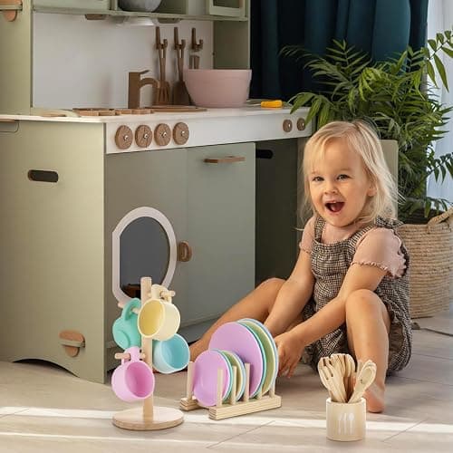 GAGAKU Kids Wooden Play Dishes Set -27Pcs Montessori Play Kitchen Accessories Plates and Bowls Set, Storage Stand & Play Food, Pretend Cooking Toys for Ages 3-5, Educational Gift for Toddler thumbnail 2