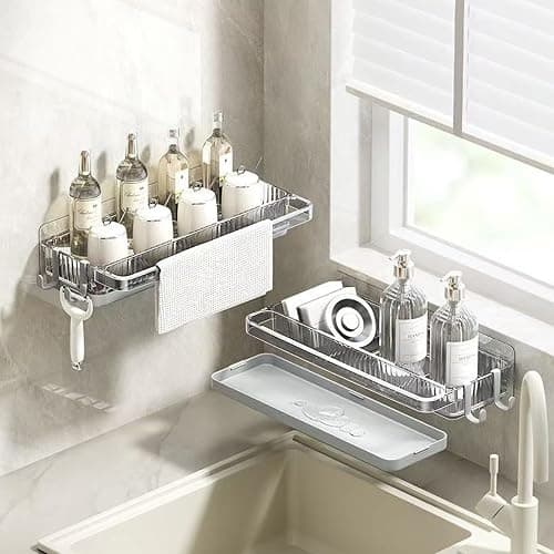 Kitchen Organizer Rack, Partitioned Storage with Hooks, Large - Capacity & Multi - Functional for Space - Saving Kitchen Solution(Grey) thumbnail 9