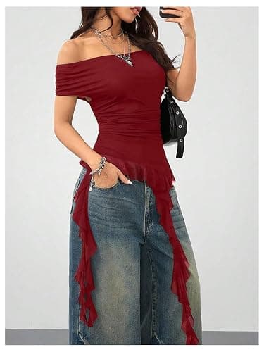 SweatyRocks Women's Off The Shoulder Asymmetrical Top Y2k T Shirts | Cap Sleeve Ruffle Mesh, Flowy Fit, Going Out, Country Concert Outfit thumbnail 3